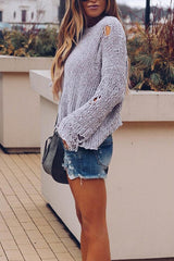Round Neck Cutout Plain Bell Sleeve Sweaters