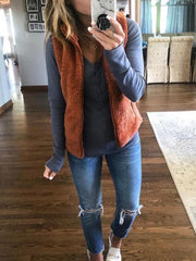 Brown Faux Fur Collar Zipper Plain Woman Vests