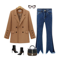 Fashion Lapel Pocket Button Plain Long Sleeve Blazers Coats For Woman