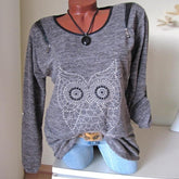 Round Neck Owl Printed Long Sleeve Zipper T-Shirts
