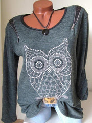 Round Neck Owl Printed Long Sleeve Zipper T-Shirts