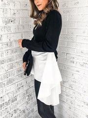 Casual Black And White Coloring Waist Belted T-Shirt