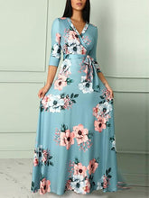 Sexy Daily Woman V Neck Three Quarter Sleeve Flory Printed Long Maxi Dresses