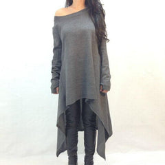 Off Shoulder Long Sleeve Plain Asymmetrical Hem T-Shirts