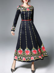 Black Elegant Floral Long Sleeve Maxi Dress