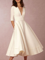 Sexy Deep V-Neck Solid Midi Skater Dress