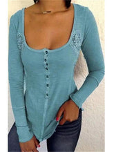 Deep U Neck Long Sleeve Lace Patchwork Button T-Shirts
