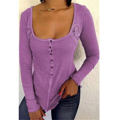 Deep U Neck Long Sleeve Lace Patchwork Button T-Shirts