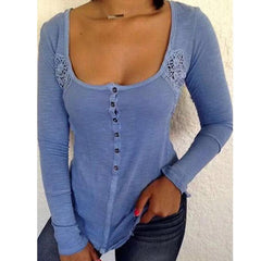 Deep U Neck Long Sleeve Lace Patchwork Button T-Shirts