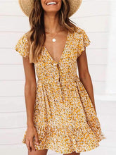 Women Summer Deep V Neck Printed Ruffle Hem Wrap A Line Mini skater Dresses