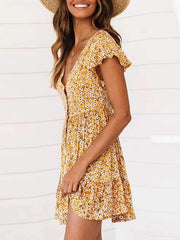 Women Summer Deep V Neck Printed Ruffle Hem Wrap A Line Mini skater Dresses