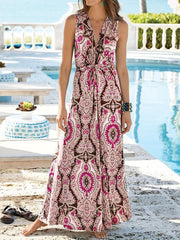 Women's sleeveless v-neck printed slim long vacation dresses