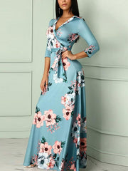 Sexy Daily Woman V Neck Three Quarter Sleeve Flory Printed Long Maxi Dresses