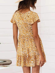Women Summer Deep V Neck Printed Ruffle Hem Wrap A Line Mini skater Dresses
