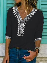 Paisley Half Sleeve Printed Cotton-blend V neck Vintage Summer Black Top