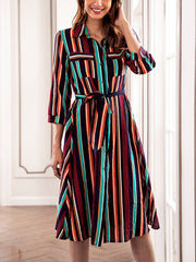 Colorful Strip Print Casual Woman Shift Dress