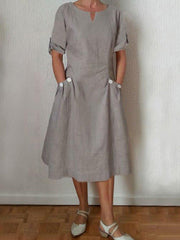 Brown Cotton A-Line Short Sleeve Plain Dresses