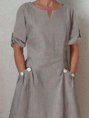 Brown Cotton A-Line Short Sleeve Plain Dresses