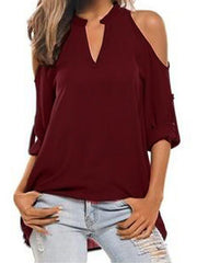 Chiffon long-sleeved Off shoulder v-neck irregular loose stand-up collar T-shirts