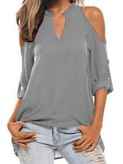 Chiffon long-sleeved Off shoulder v-neck irregular loose stand-up collar T-shirts
