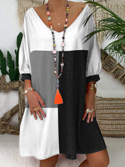 White-Black V Neck Half Sleeve A-Line Dresses