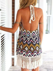 Sexy Backless Print Halt Purl Shift Dresses
