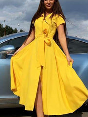 Fashion Lapel Lacing Skater Skirt Dresses