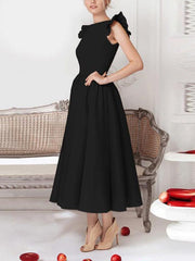 Elegant High End Plain Flouncing Sleeve Skater Dress