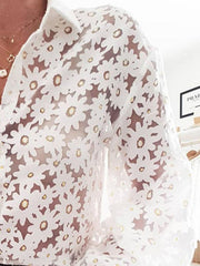 Women floarl printed white turn down long sleeve blouses