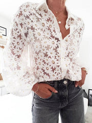 Women floarl printed white turn down long sleeve blouses