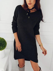 Round Neck Long Sleeves Solid Color Long Sweater Dress