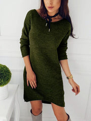 Round Neck Long Sleeves Solid Color Long Sweater Dress