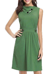 Women Patchwork POLO Lapel Sleeveless Elegant Skater Dresses