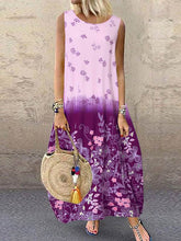 Women round neck vintage printed sleeveless maxi dresses