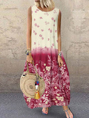 Women round neck vintage printed sleeveless maxi dresses