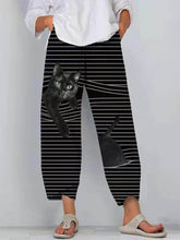Women cat print stripe casual fashion street style long pants