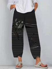 Women cat print stripe casual fashion street style long pants