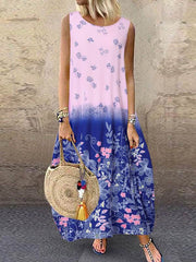 Women round neck vintage printed sleeveless maxi dresses