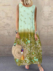 Women round neck vintage printed sleeveless maxi dresses