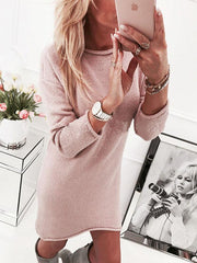 Round Neck Long Sleeves Solid Color Long Sweater Dress
