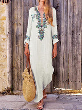 Cotton and linen women long-sleeved folk style printed maxi dresses