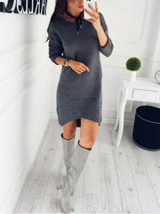 Round Neck Long Sleeves Solid Color Long Sweater Dress
