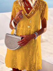 Elegant V Neck Embossed Short Sleeve Pure Colour Shift Dress