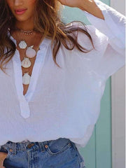 Deep V neck shirt loose casual long sleeve T-shirt