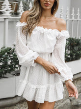 Chiffon white off shoulder long sleeve lotus leaf fungus edge mini skater dresses