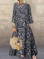 Vintage leopard printed round neck women maxi dresses