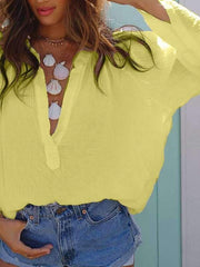 Deep V neck shirt loose casual long sleeve T-shirt