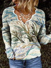 Women Simple Basic Floral-Print Shift Long Sleeve Sweaters