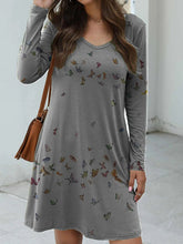 Loose v neck women long sleeve printed skater dresses