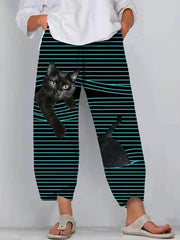 Women cat print stripe casual fashion street style long pants